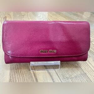 Miu Miu Magenta Leather Bi-Fold Wallet with Chain and COA